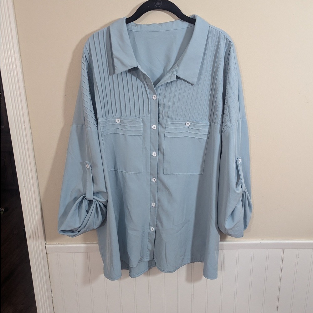 Light Blue Pintuck Roll Tab Sleeve Button Down Blouse Oversized Top‎